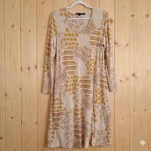 Gudrun Sjoden M Beige & Mustard Floral Lyocell Jersey Long Sleeve Dress Pockets